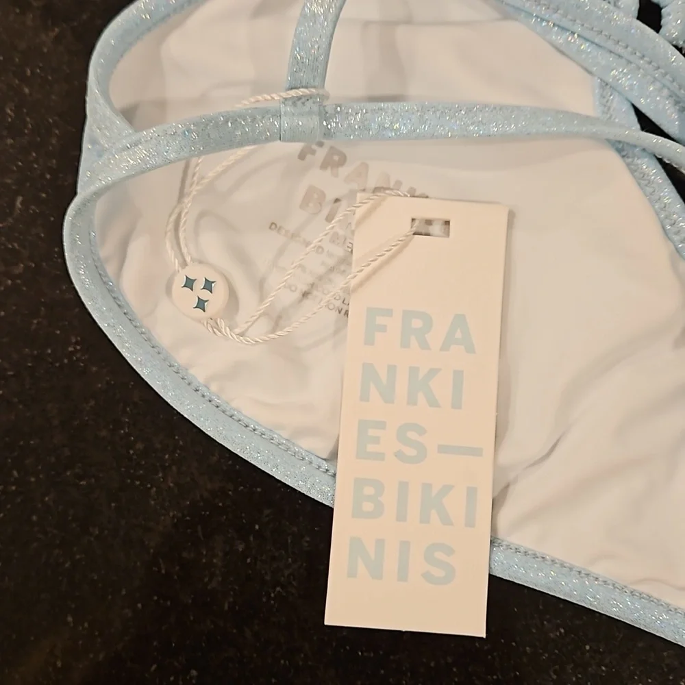 💕FRANKIES BIKINIS💕 Jamilla Iridescent String Top ~ Cloud Chaser Blue M NWT